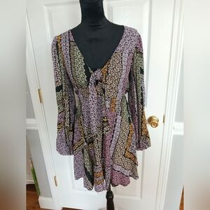 Boho Y2K Patchwork floral Boho Tie Front Babydoll Cottagecore  Mini dress Size S